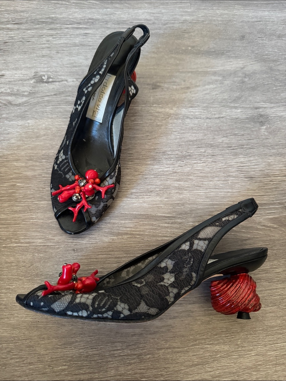 Black Lace Slingback with Red Coral Accent and Shell Heels